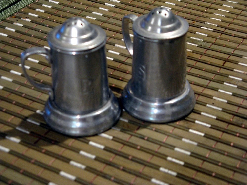 Vintage Miniature Pewter Glass Bottom Beer Stein Salt and Pepper Shakers - Grand Macnish Scotch